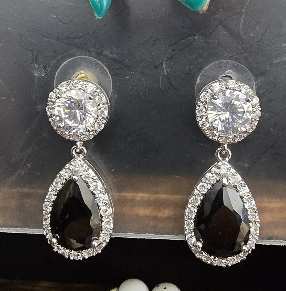 Cubic Zirconia and Black Onyx Look Teardrop Earrings 1.5"